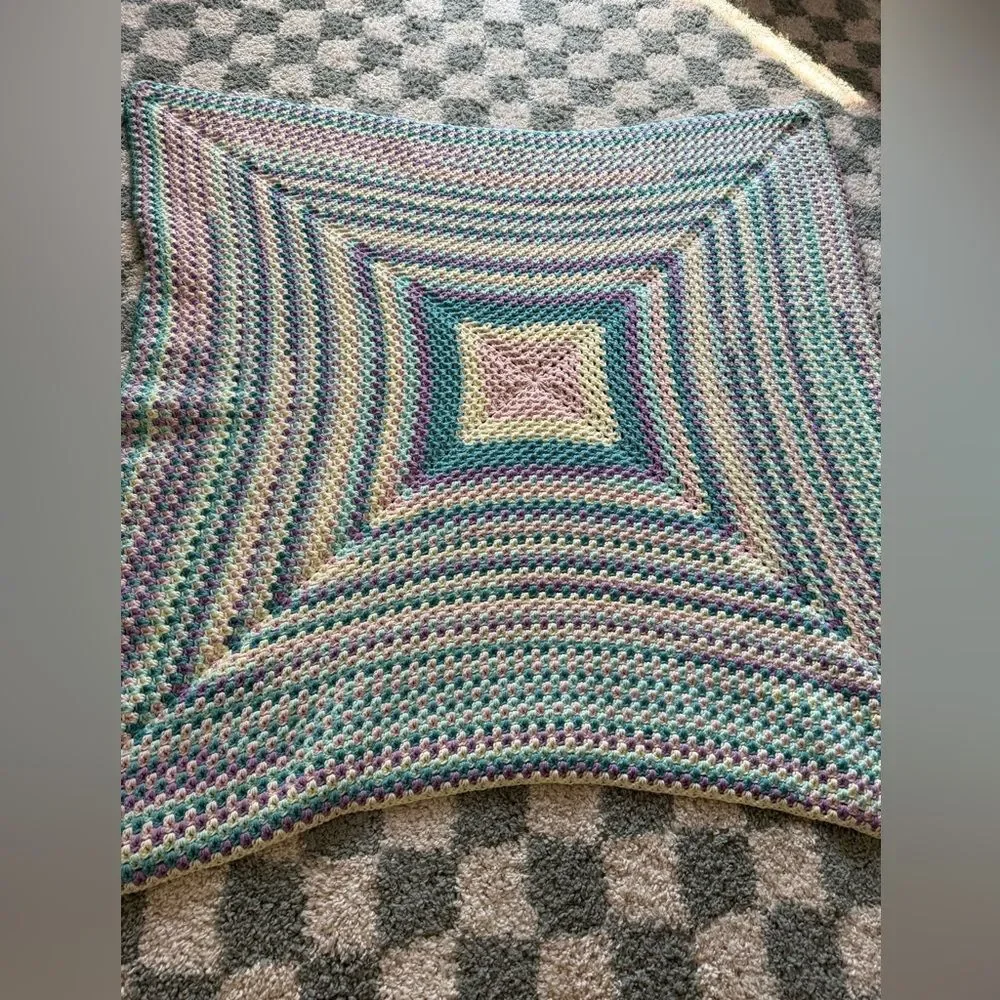 VTG 70s Afghan Blanket Crochet Hippie Boho Multi Color Handmade Blue Pink Cream